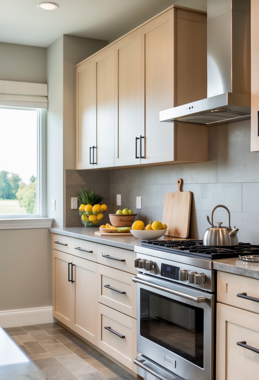 A modern kitchen with light wood cabinets, a stone countertop, and a built-in sink under natural light.