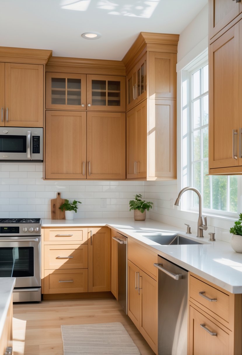 A modern kitchen with wooden cabinets, light countertops, stainless steel appliances, and natural sunlight coming through windows.