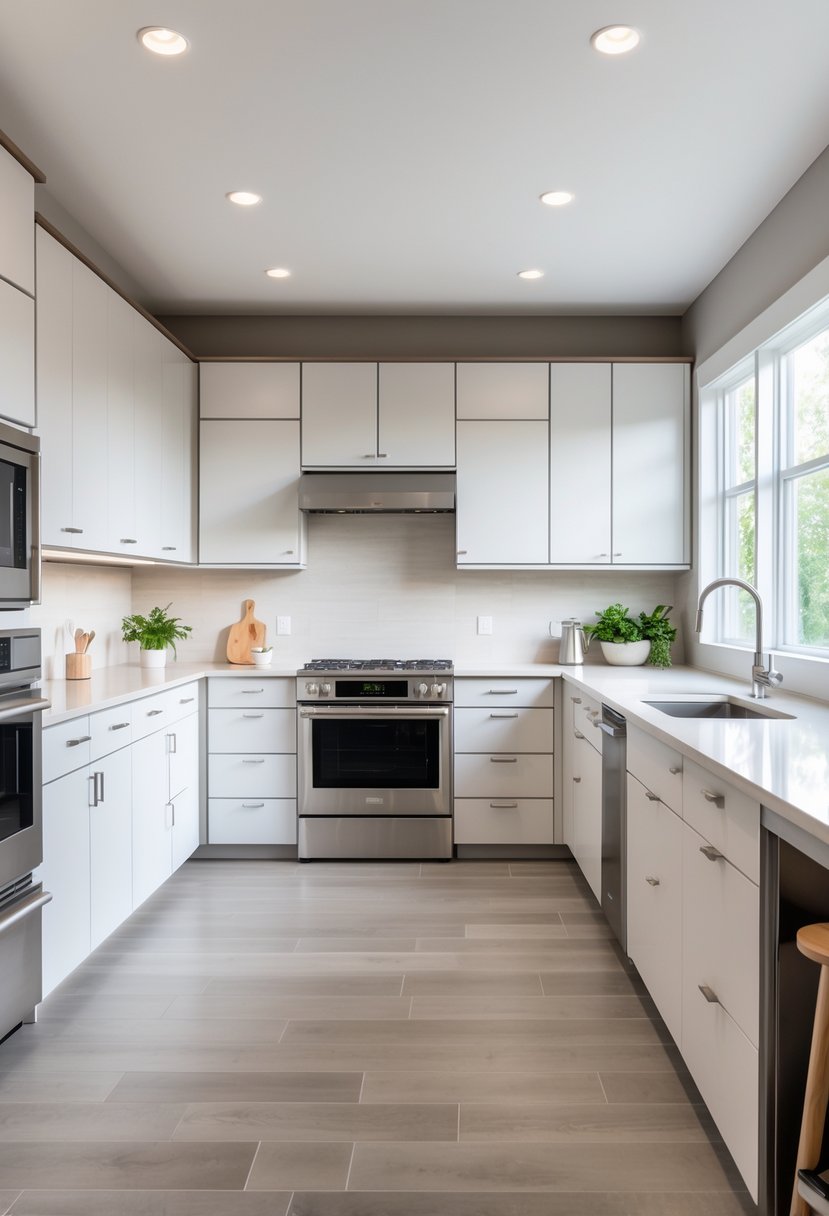 A bright kitchen with modern cabinets, a large island, and stainless steel appliances.