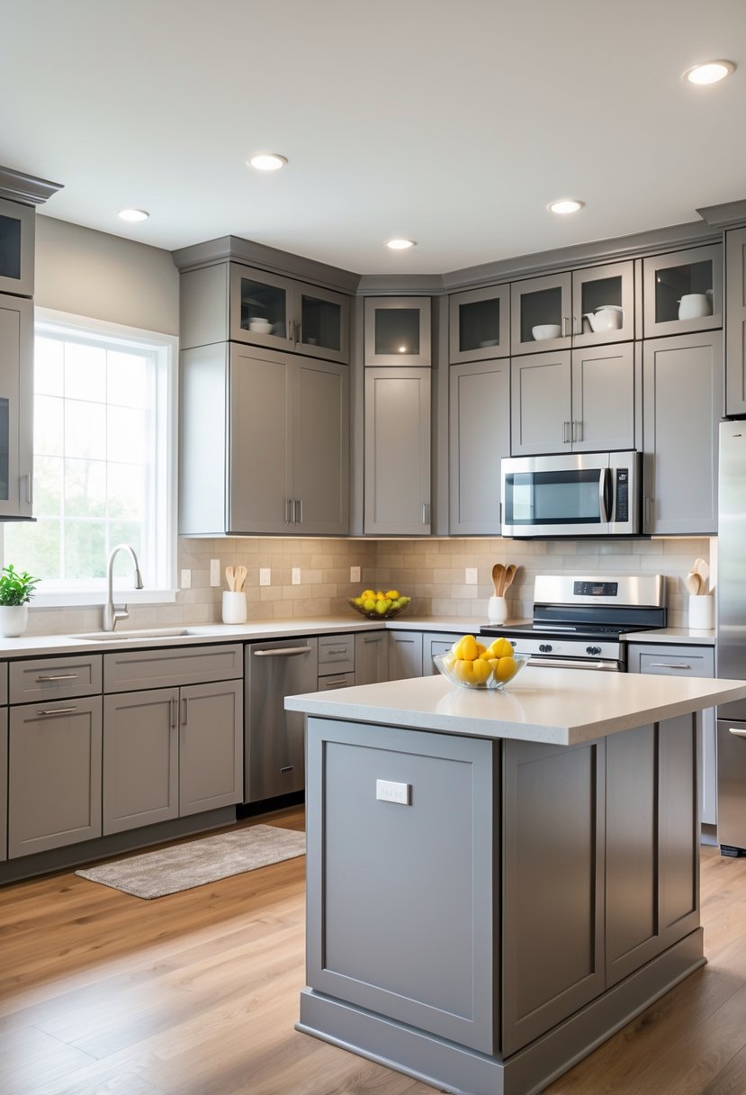 A spacious kitchen with wooden cabinets, a large island, stainless steel appliances, and natural light coming through windows.