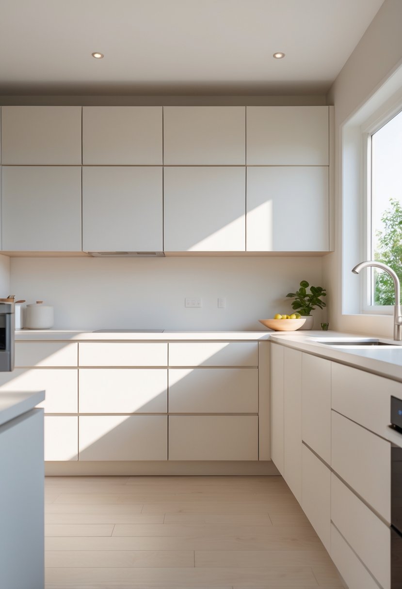 A bright kitchen with modern white and light wood cabinets, countertop, and stainless steel appliances.