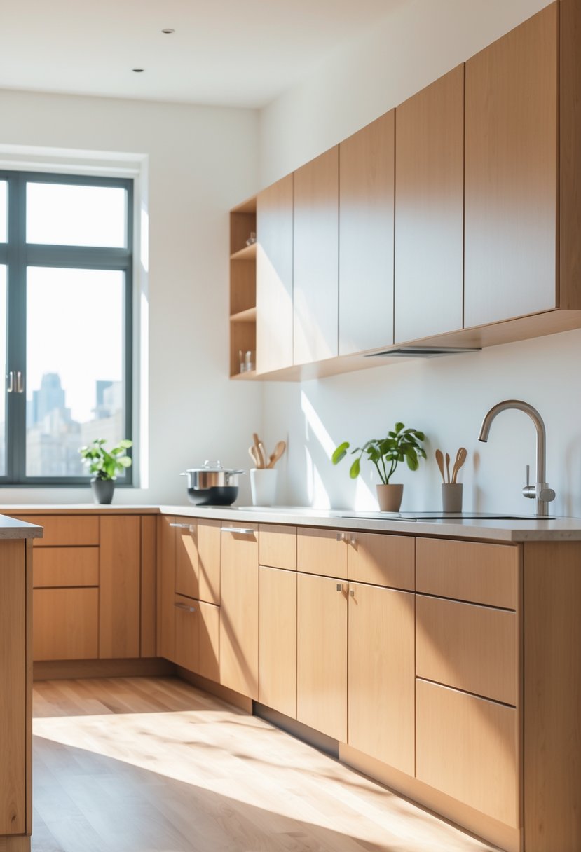 A modern kitchen with warm wood-tone pre-assembled cabinets, stone countertops, stainless steel appliances, and natural light coming through large windows.