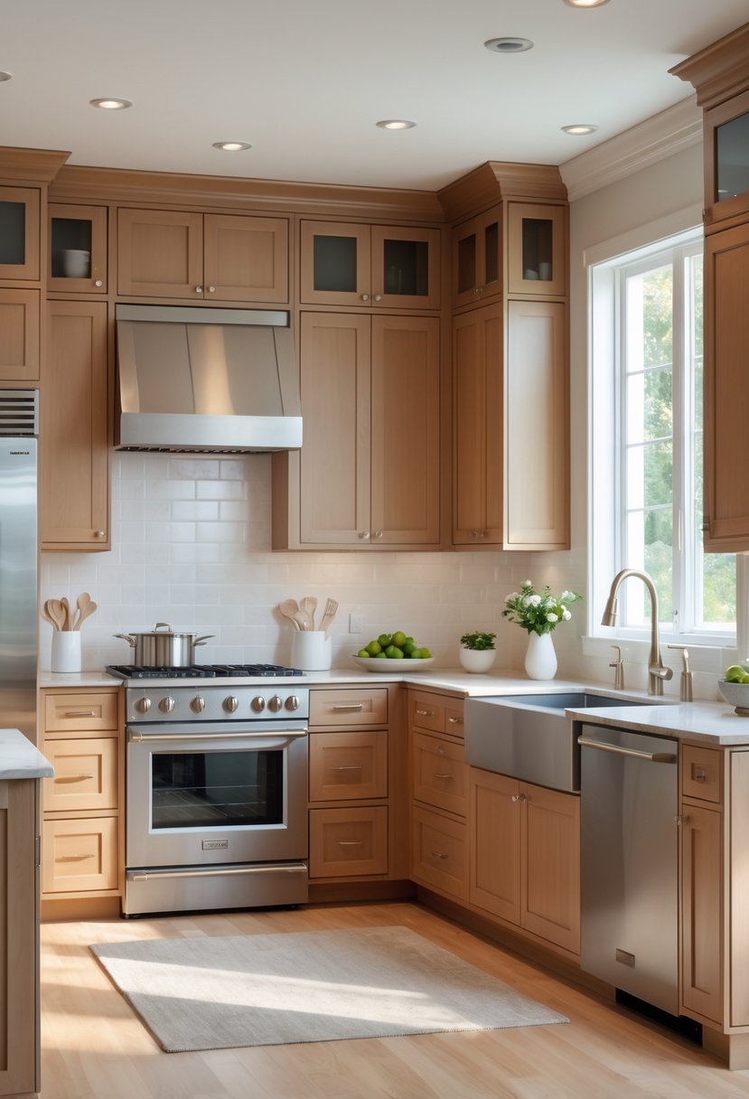 A bright kitchen with wooden cabinets, stone countertops, stainless steel appliances, and hardwood flooring.
