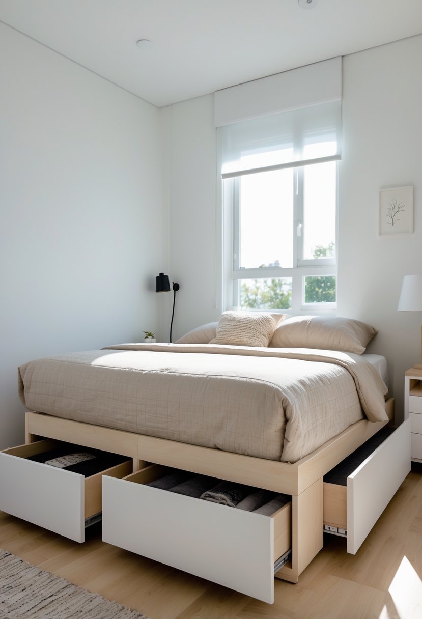 Small bedroom with a bed that has built-in storage drawers underneath.