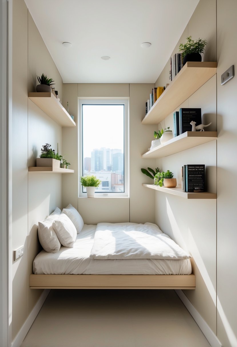Small bedroom with a bed and wall-mounted shelves holding books and plants, creating an organized and space-saving layout.