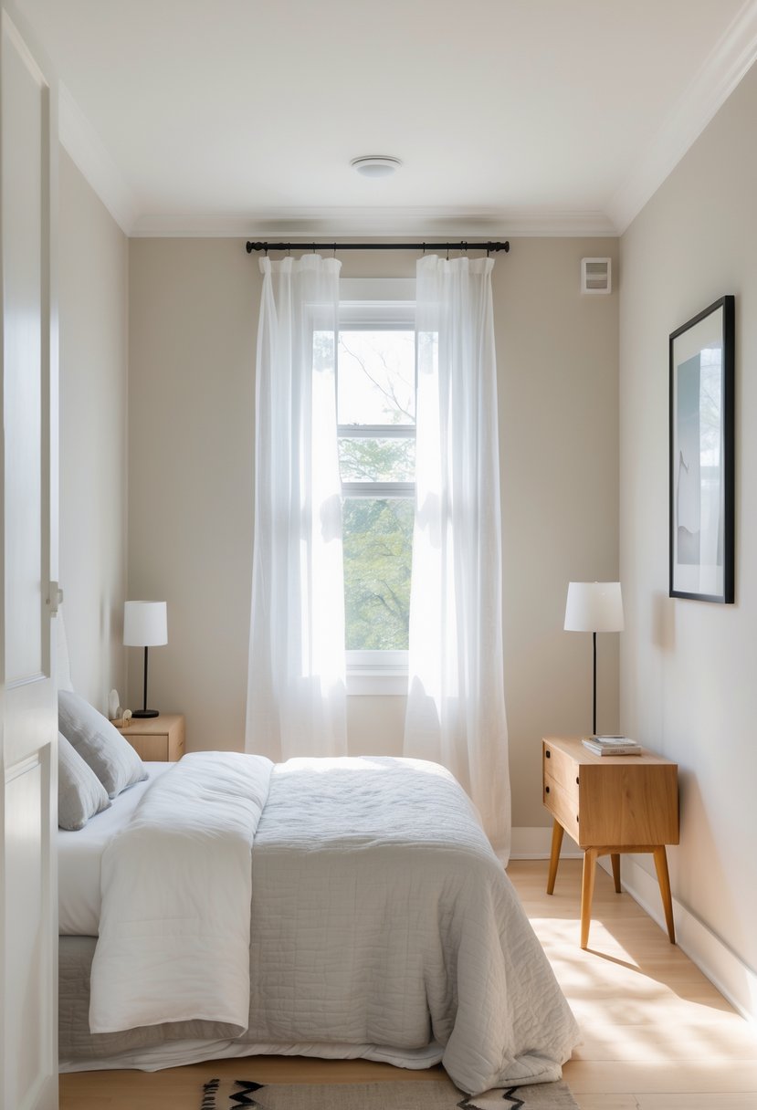 A small bedroom with light neutral colored walls, a bed, nightstand, and window letting in natural light.