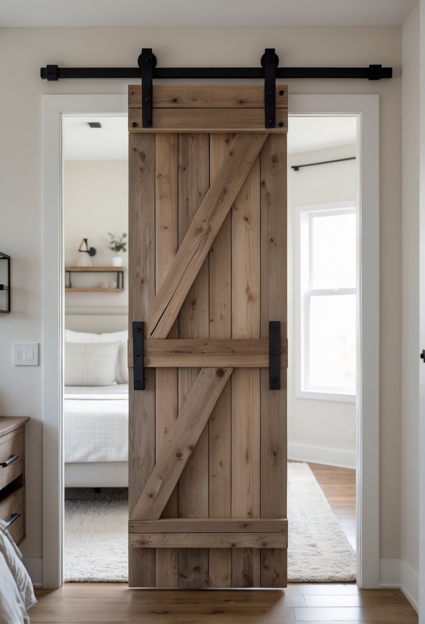 Small bedroom with a sliding barn door installed to save space, showing a bed, bedside table, and natural light.