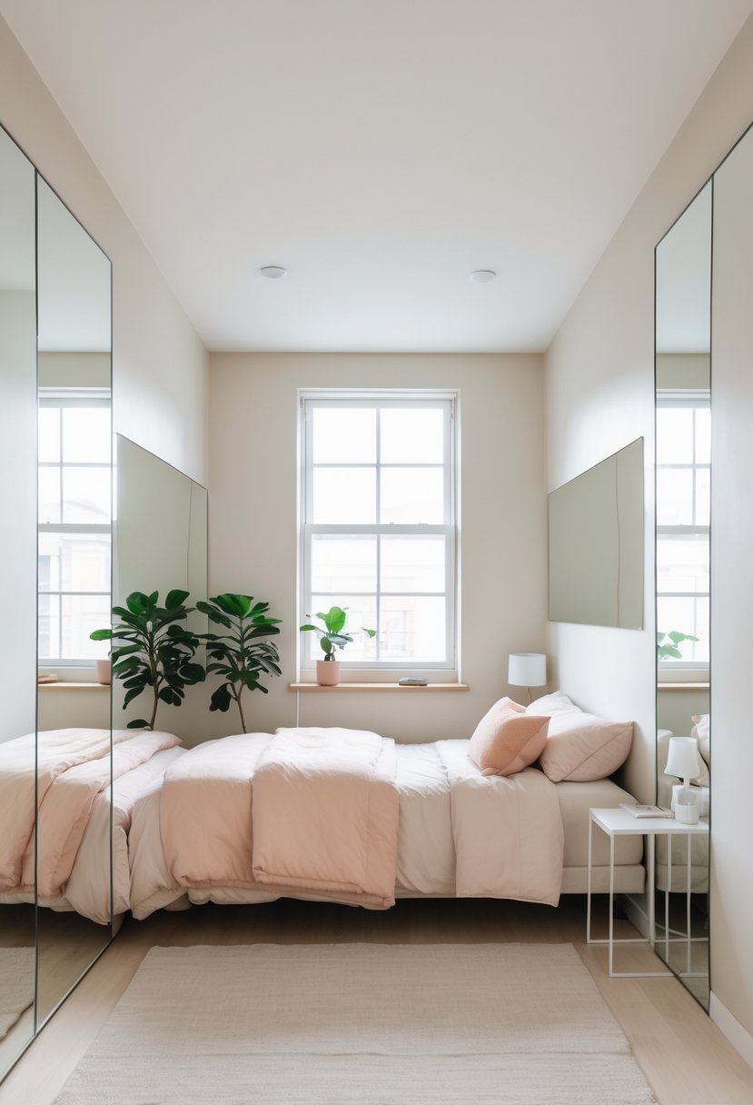 A small bedroom with mirrors on the walls making the space appear larger, featuring a bed, bedside table with lamp, and a potted plant near a window.