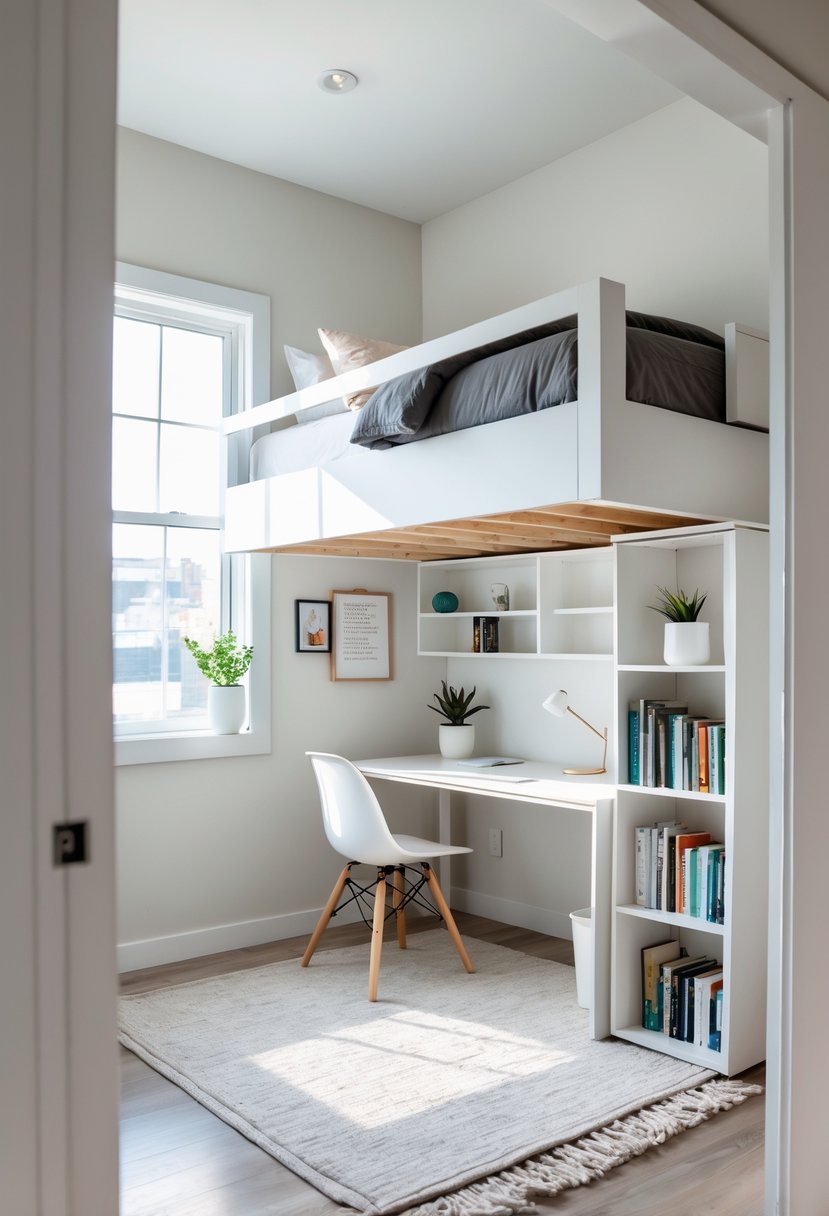 Small bedroom with a loft bed elevated above a desk and chair, utilizing the space underneath efficiently.