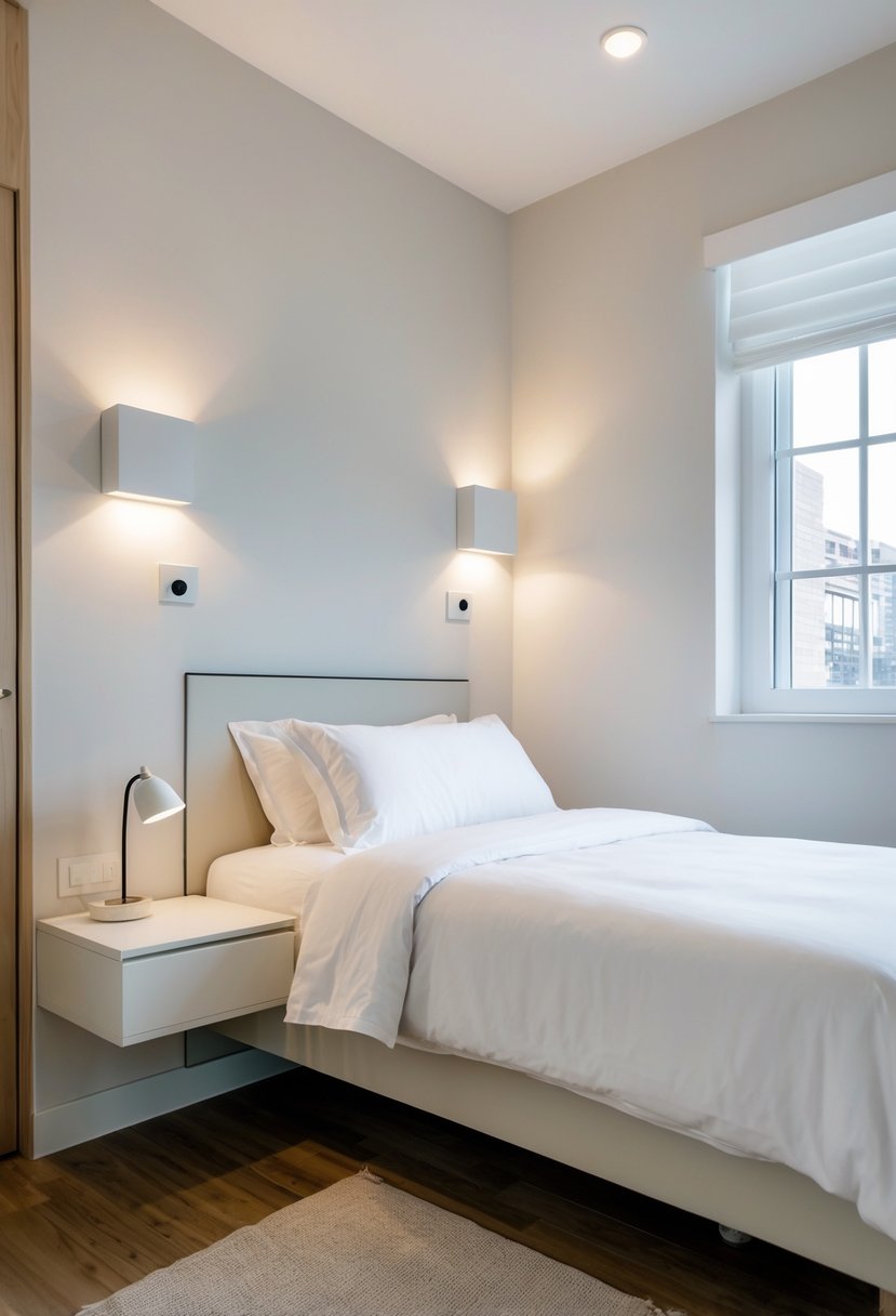 Small bedroom with a bed and floating nightstands mounted on the wall, showing a neat and spacious arrangement.