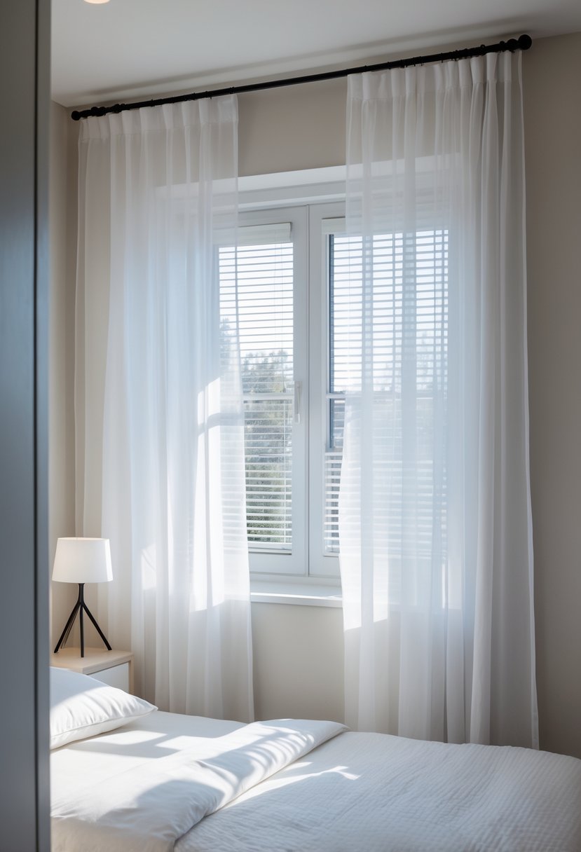 A small bedroom with a bed near a window covered by sheer white curtains and simple blinds, illuminated by natural light.
