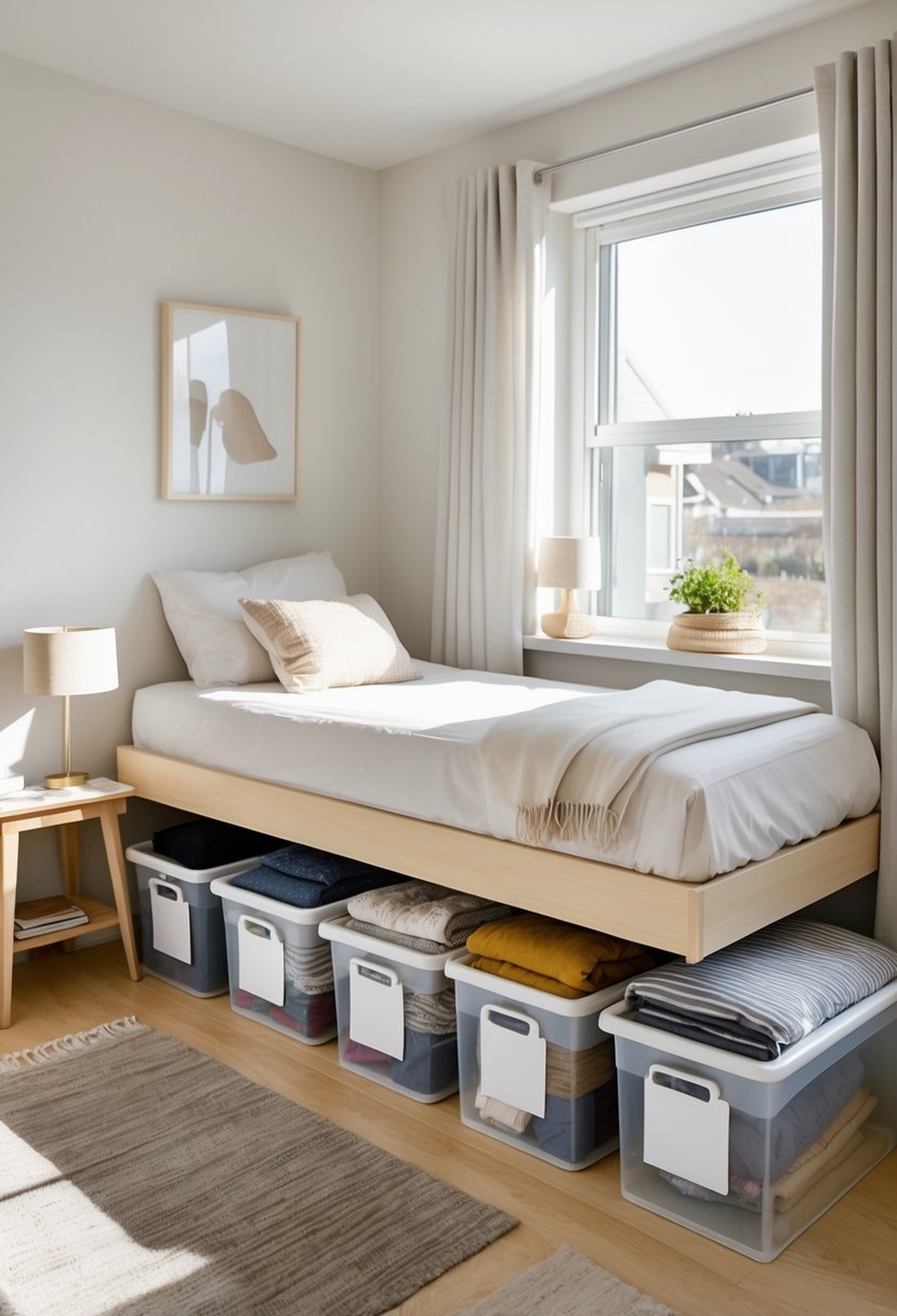 Small bedroom with clear storage bins neatly placed under the bed containing seasonal items.