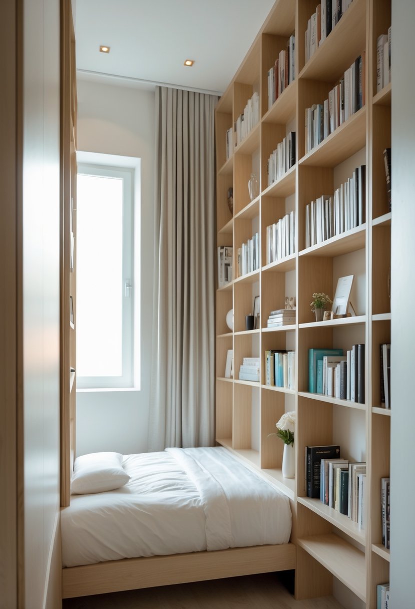 Small bedroom with tall, narrow bookcases used for vertical storage and a neatly made bed.