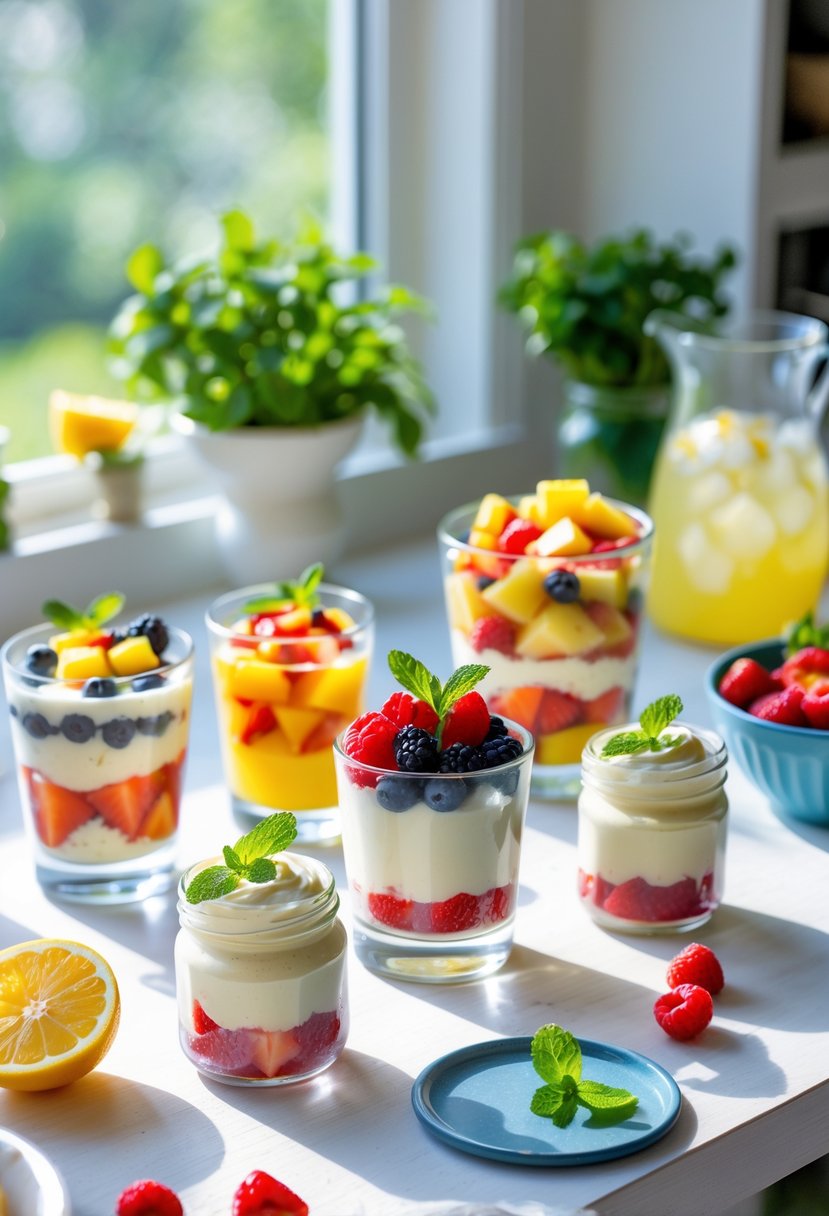 A kitchen table with various chilled no-bake desserts including fruit parfaits, mousse jars, and fruit salad, with sunlight coming through a window.