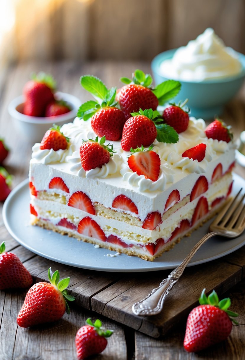 A layered strawberry icebox cake topped with fresh strawberries and mint leaves on a wooden table with scattered strawberries and a bowl of whipped cream nearby.