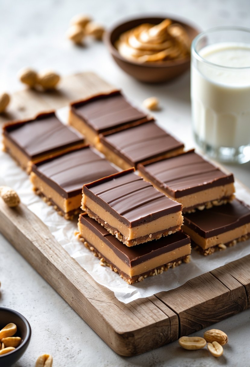 Close-up of no-bake chocolate peanut butter bars on a wooden board with peanuts and a bowl of peanut butter nearby.