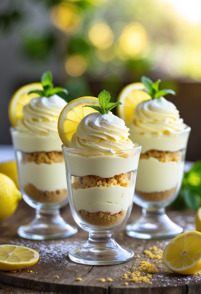 Three lemon cheesecake parfaits in clear glasses topped with lemon slices and mint leaves on a wooden table.
