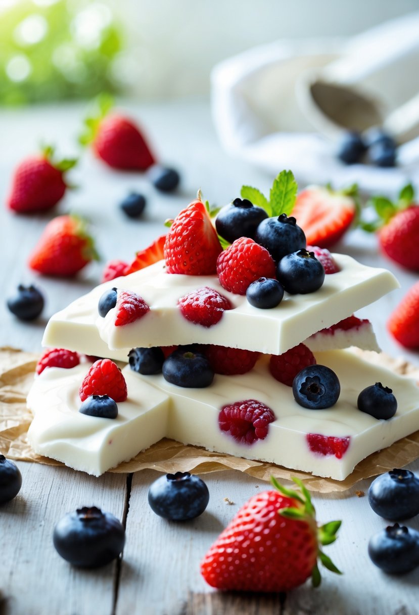 Pieces of frozen yogurt bark topped with mixed berries arranged on a wooden surface.