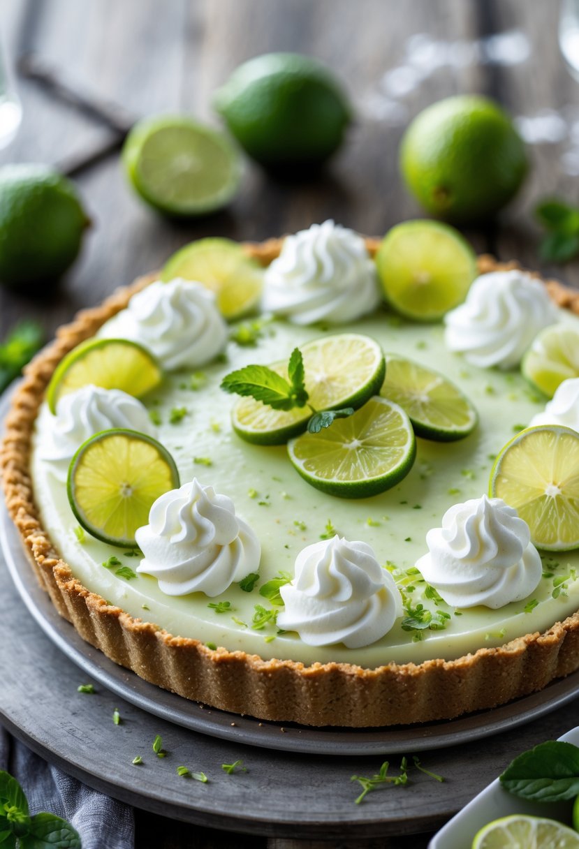 A no-bake key lime pie with lime slices and whipped cream on a wooden table surrounded by fresh limes and mint leaves.