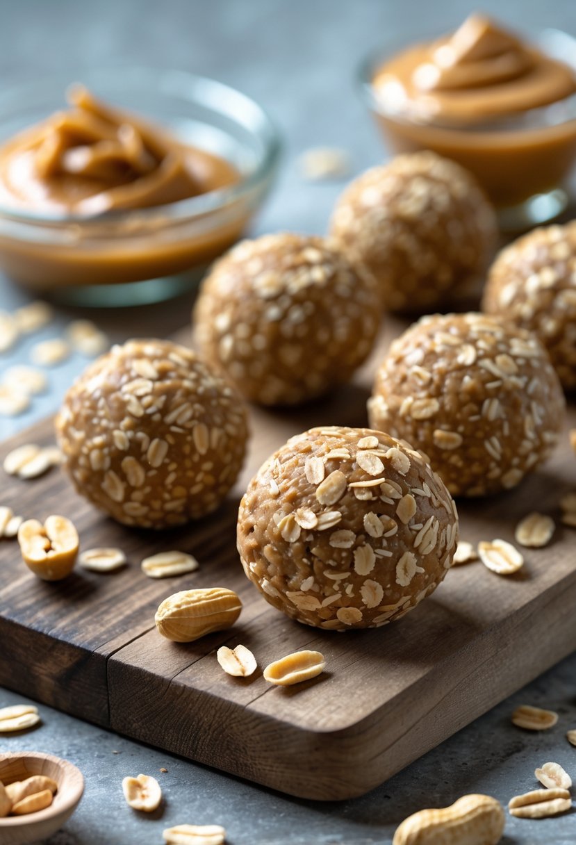 Close-up of peanut butter oat energy balls on a wooden board with oats, peanuts, and peanut butter nearby.