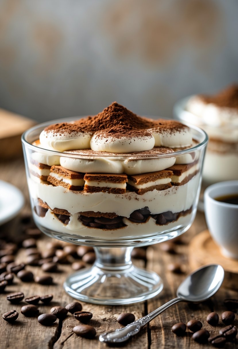 A glass dish of classic tiramisu with layers of cream, coffee-soaked ladyfingers, and cocoa powder on a wooden table, surrounded by coffee beans and a cup of espresso.