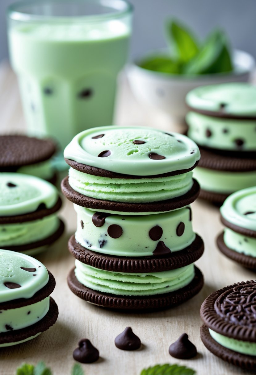 Mint chocolate chip ice cream sandwiches made with chocolate cookies and mint ice cream arranged on a wooden surface with mint leaves and a glass of milkshake in the background.