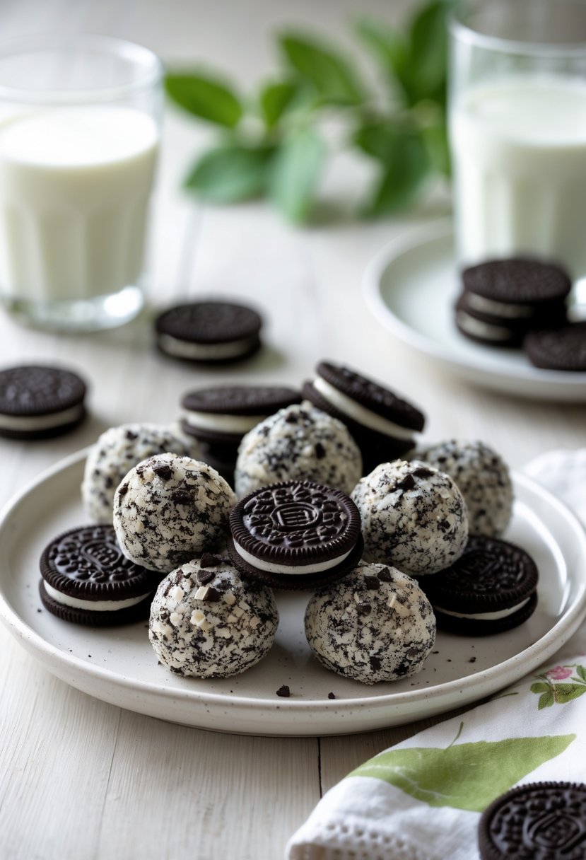 Plate of round no-bake Oreo truffles on a wooden table with a glass of milk and Oreo cookies in the background.