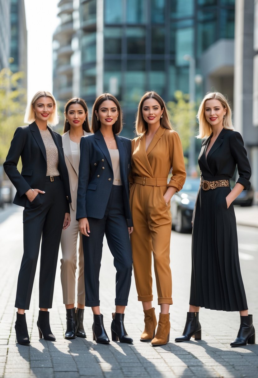 A group of diverse women standing on a city street wearing different stylish outfits.