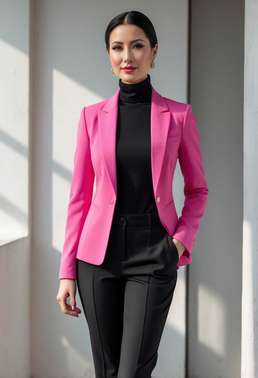A woman wearing a pink blazer over a black top and black pants, standing against a plain background.