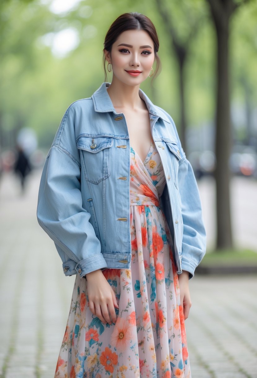 A woman standing outdoors wearing an oversized denim jacket over a floral midi dress.
