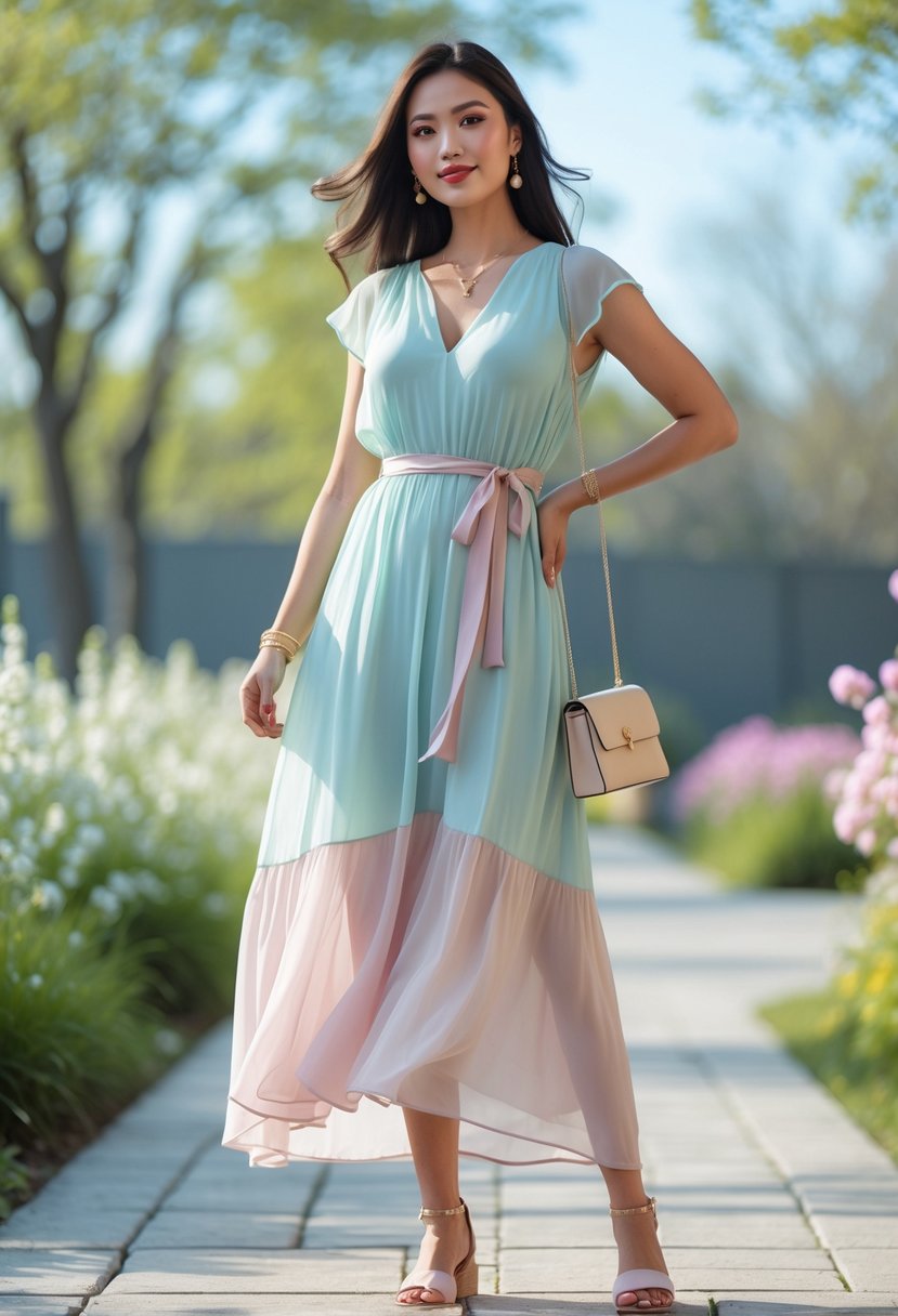 A woman standing outdoors wearing a long flowing dress with a belt, surrounded by greenery and flowers.