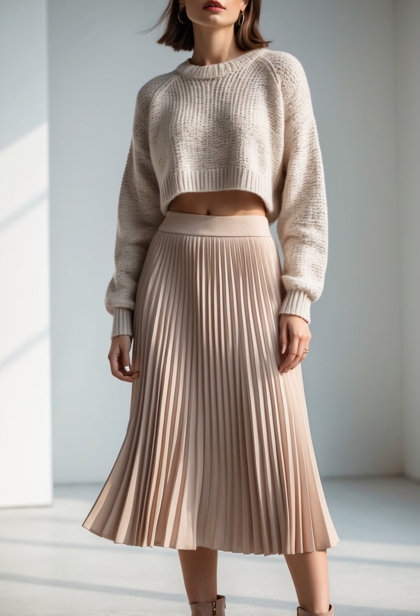 A woman wearing a cropped sweater and a pleated skirt standing in a bright studio.