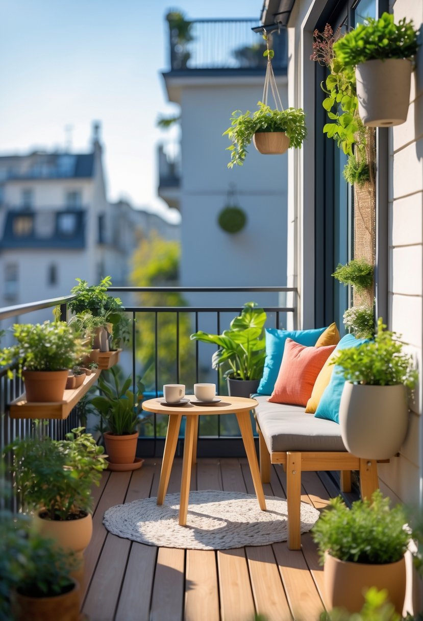 A small balcony with a wooden bench, colorful cushions, a round table with a plant and coffee cup, surrounded by green plants and sunlight.