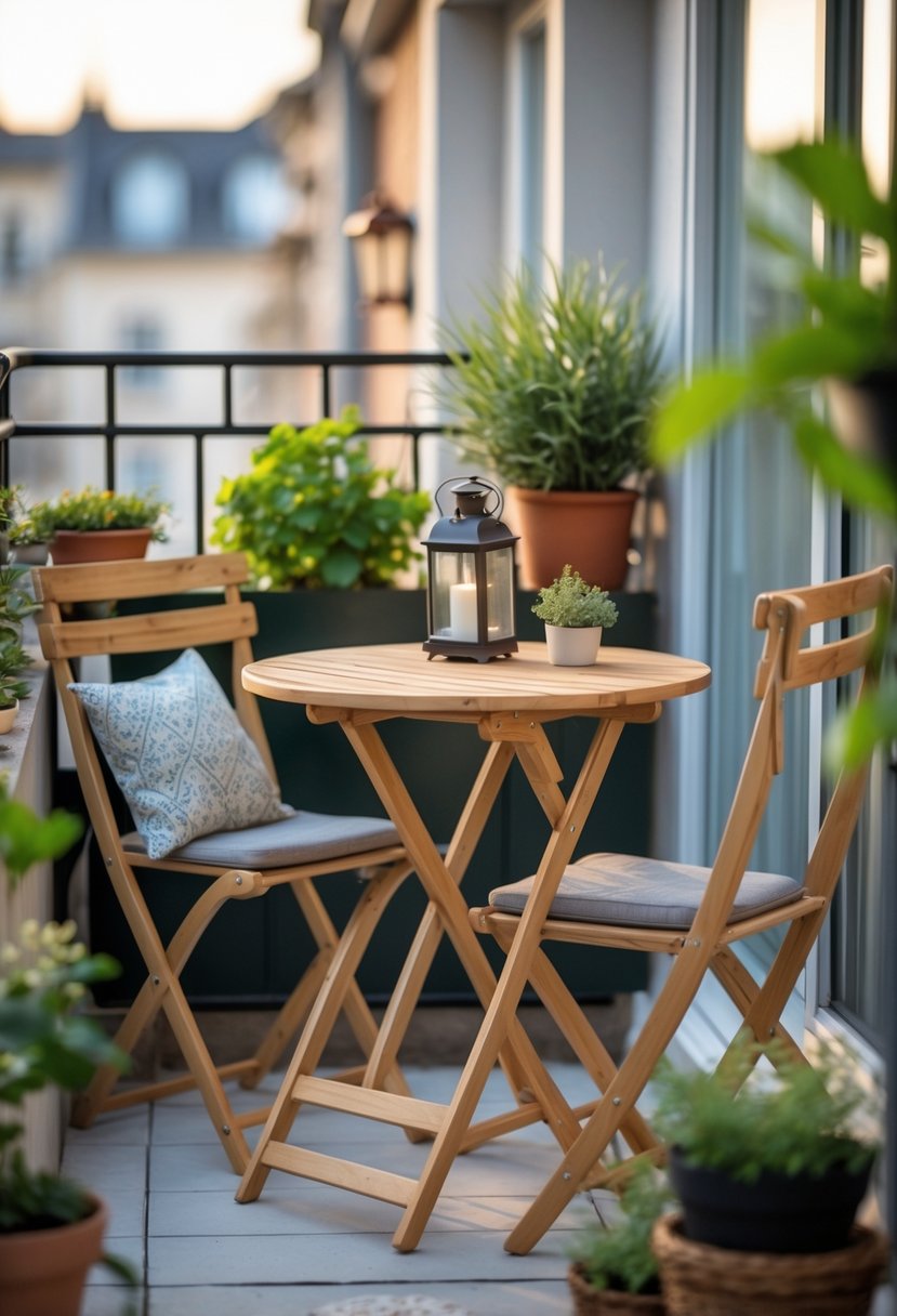 A small balcony with a compact foldable wooden bistro table and two matching chairs surrounded by potted plants.