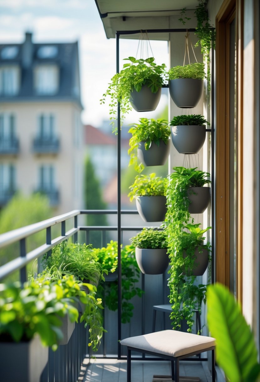 A small balcony with hanging planters arranged vertically, filled with green plants and flowers, creating a lush garden space.