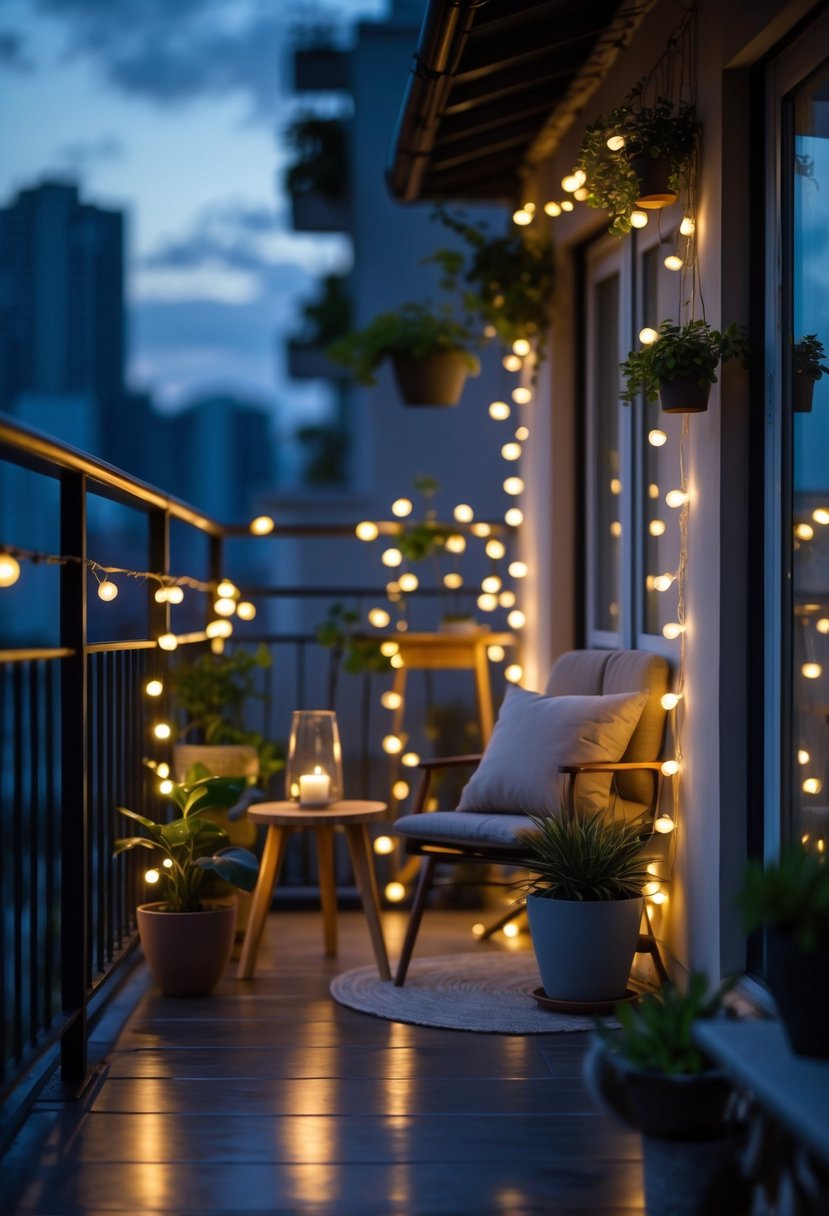 Small balcony at dusk with glowing outdoor fairy lights, potted plants, and cozy seating.