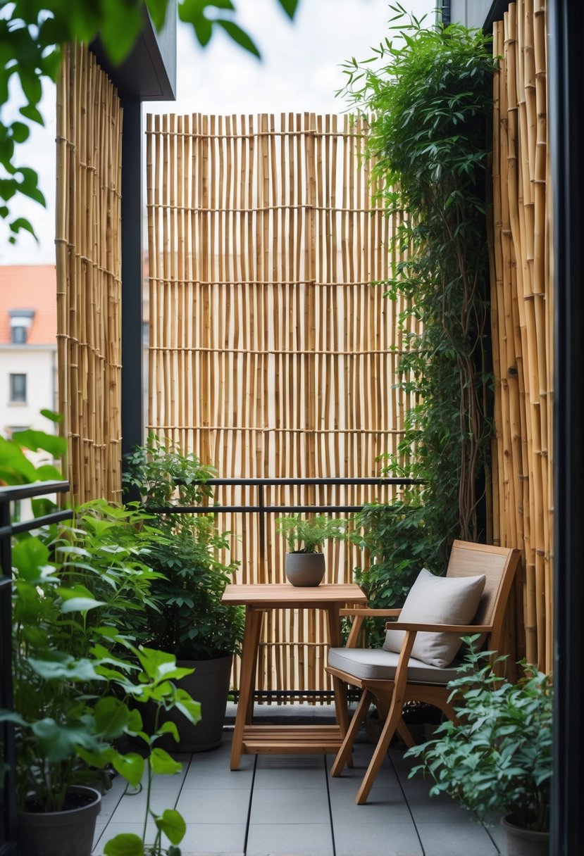 Small balcony with bamboo privacy screen panels, potted plants, and outdoor seating.