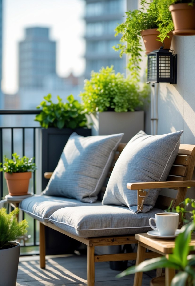 A small balcony with waterproof outdoor cushions on a wooden bench surrounded by potted plants and a small side table.