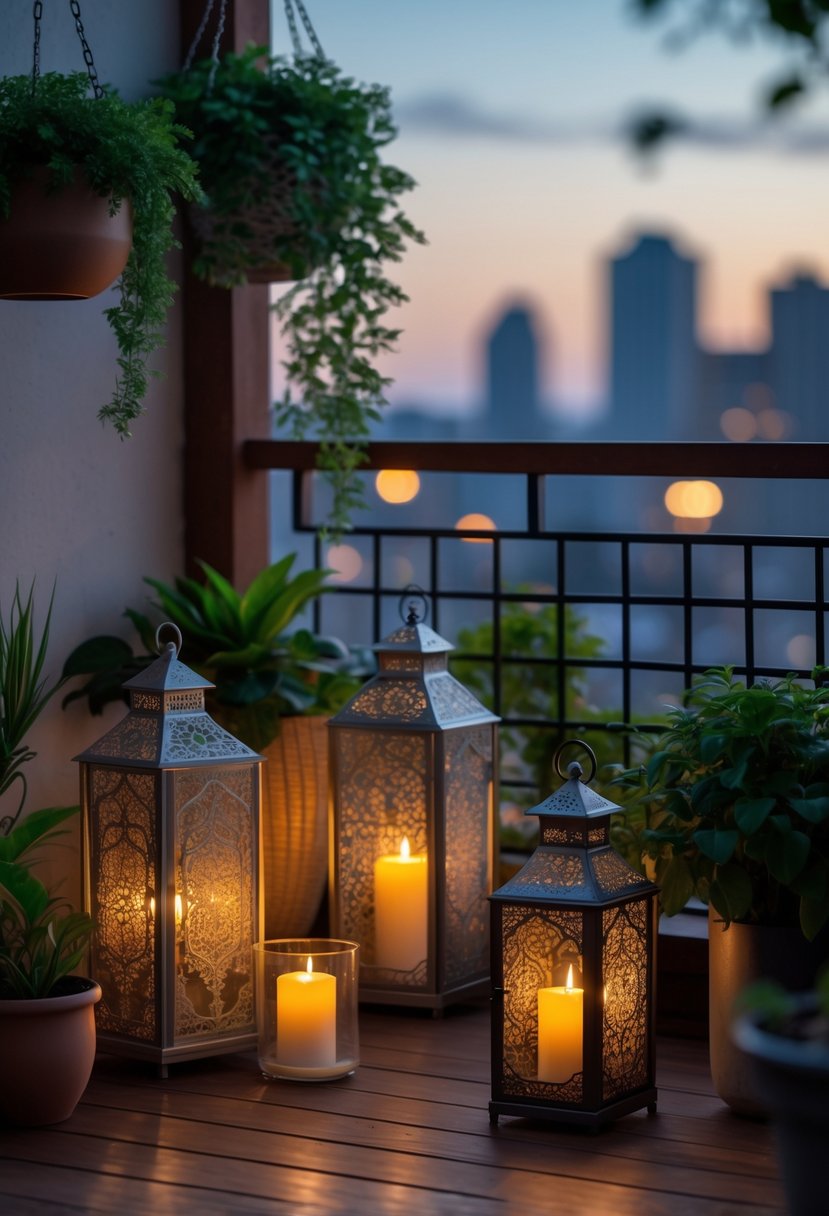 Small balcony with decorative lanterns containing glowing LED candles, surrounded by plants and a city view in the background.
