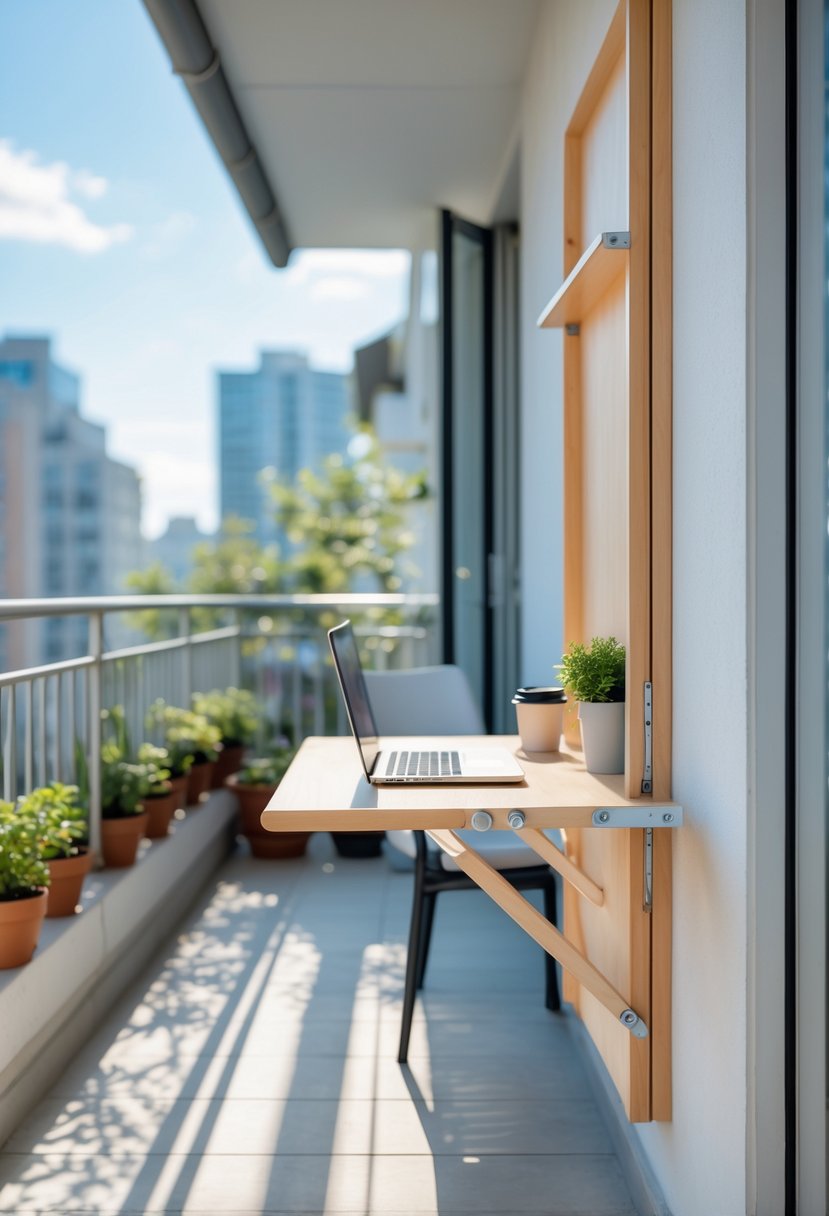 Small balcony with a wall-mounted foldable desk set up with a laptop, plants, and a chair overlooking a cityscape.