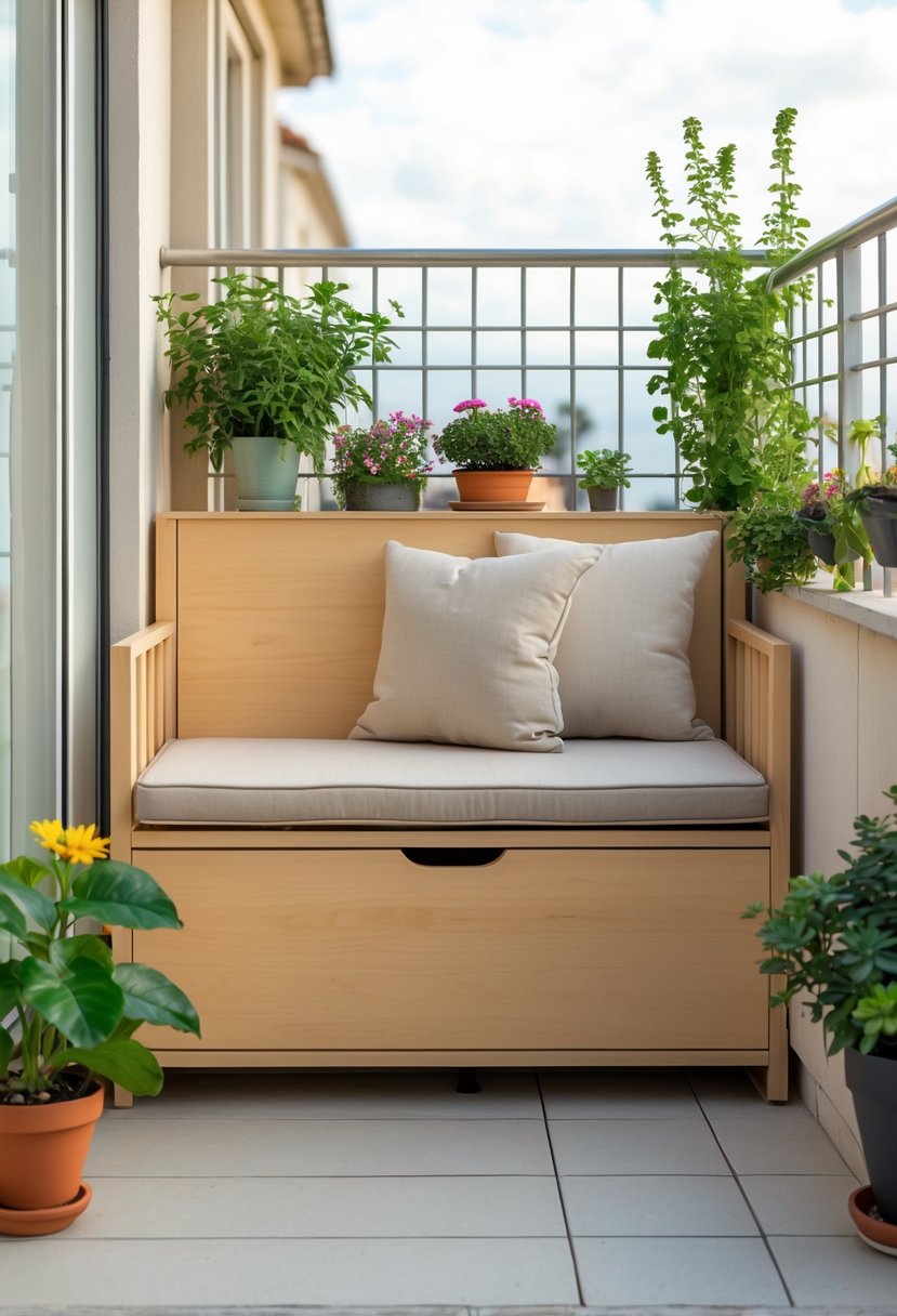A small balcony with a compact storage bench topped with cushions, surrounded by potted plants and a metal railing.