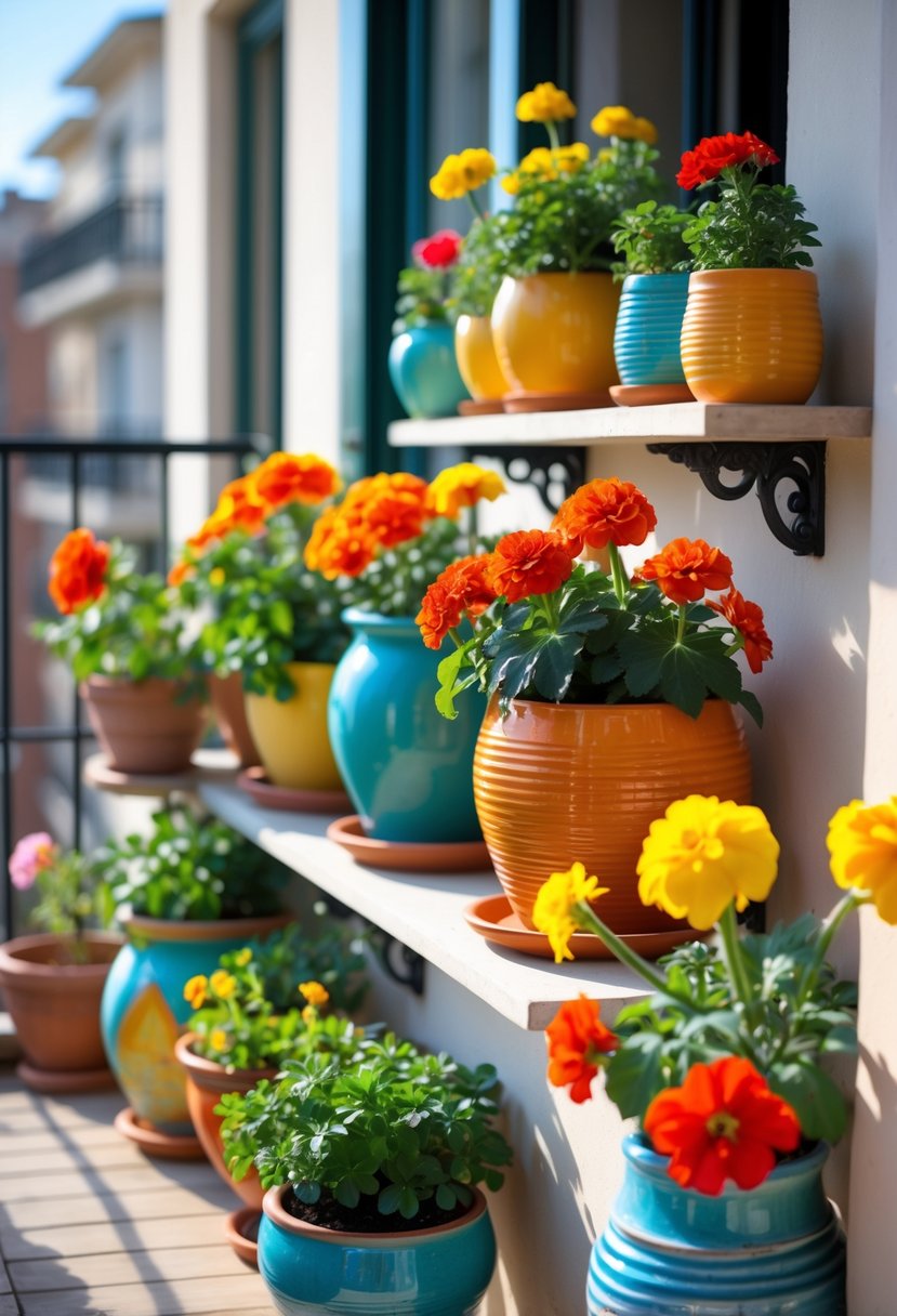 Small balcony with colorful ceramic pots filled with various blooming flowers arranged on shelves and the floor.