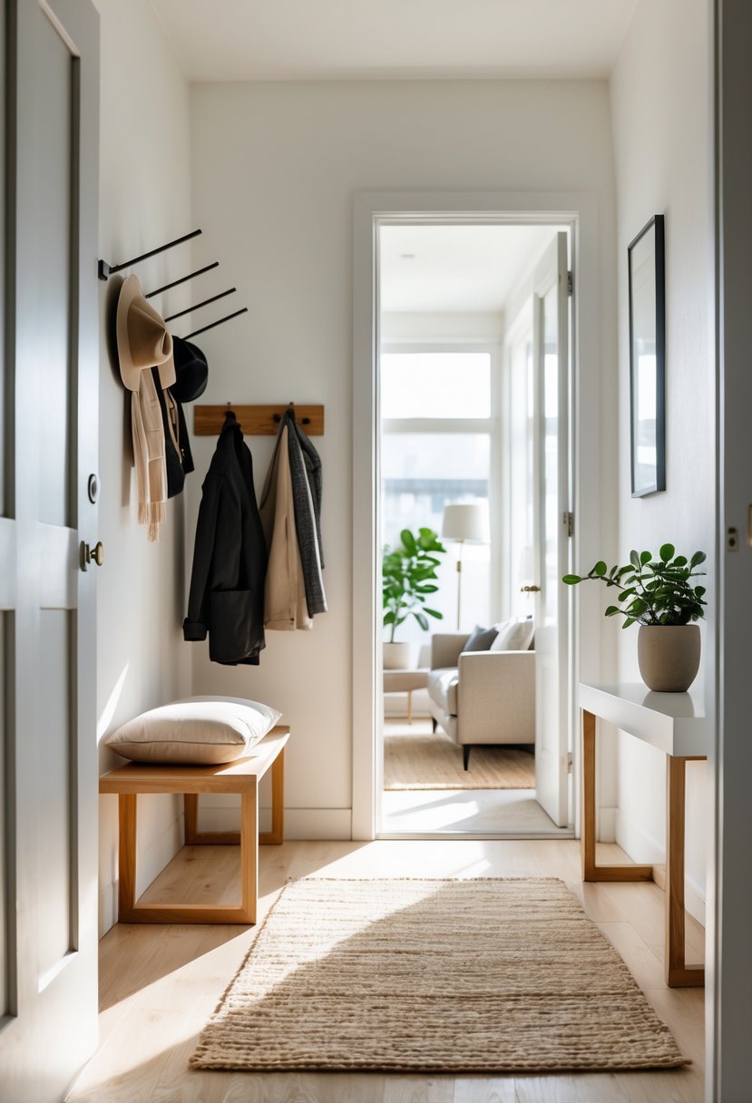 A small home entryway with a wooden bench, coat rack with jackets and hats, a potted plant on a console table, and natural light coming through a window.