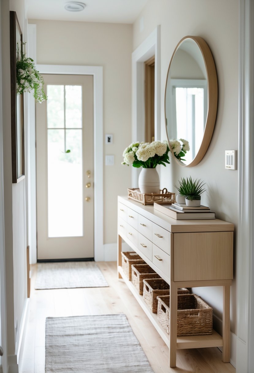 A small entryway with a slim console table that has built-in storage, decorated with plants, books, and a mirror on the wall above.