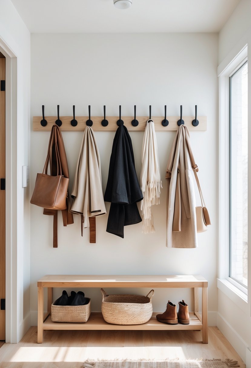 Small entryway with wall-mounted hooks holding coats and bags, a bench with storage underneath, and natural light coming through a window.