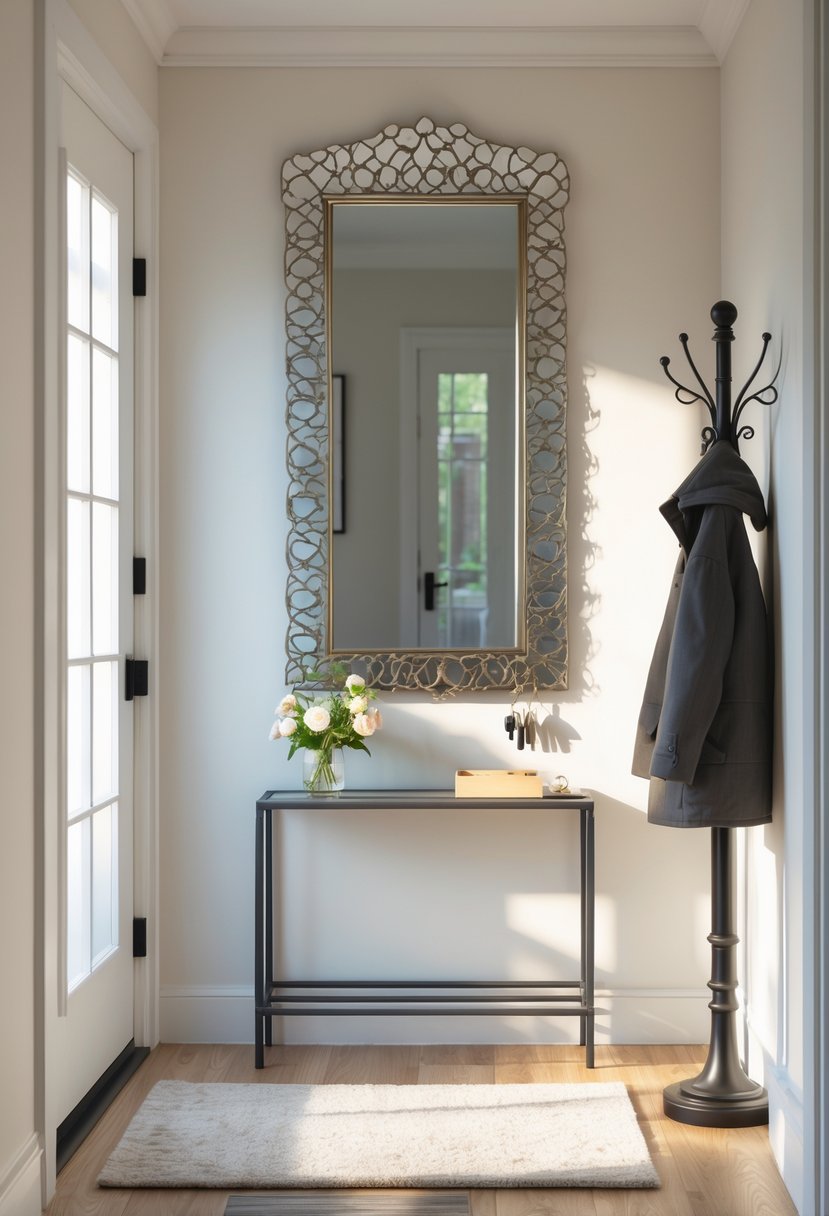 A small home entryway with a decorative wall mirror above a console table, a vase of flowers, a coat rack, and natural light coming through a window.