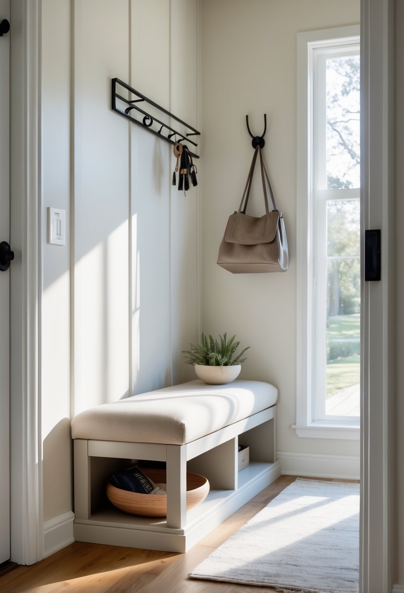 A small entryway with a cushioned bench that has hidden storage underneath, a hardwood floor, and a few simple decorative items.