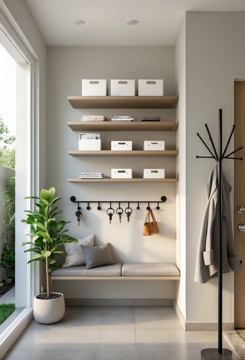 Small home entryway with floating shelves holding keys and mail, a bench with cushions, a potted plant, and a coat rack.