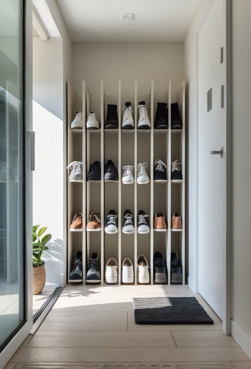 A small entryway with narrow shoe racks neatly organizing various footwear against a light-colored wall.