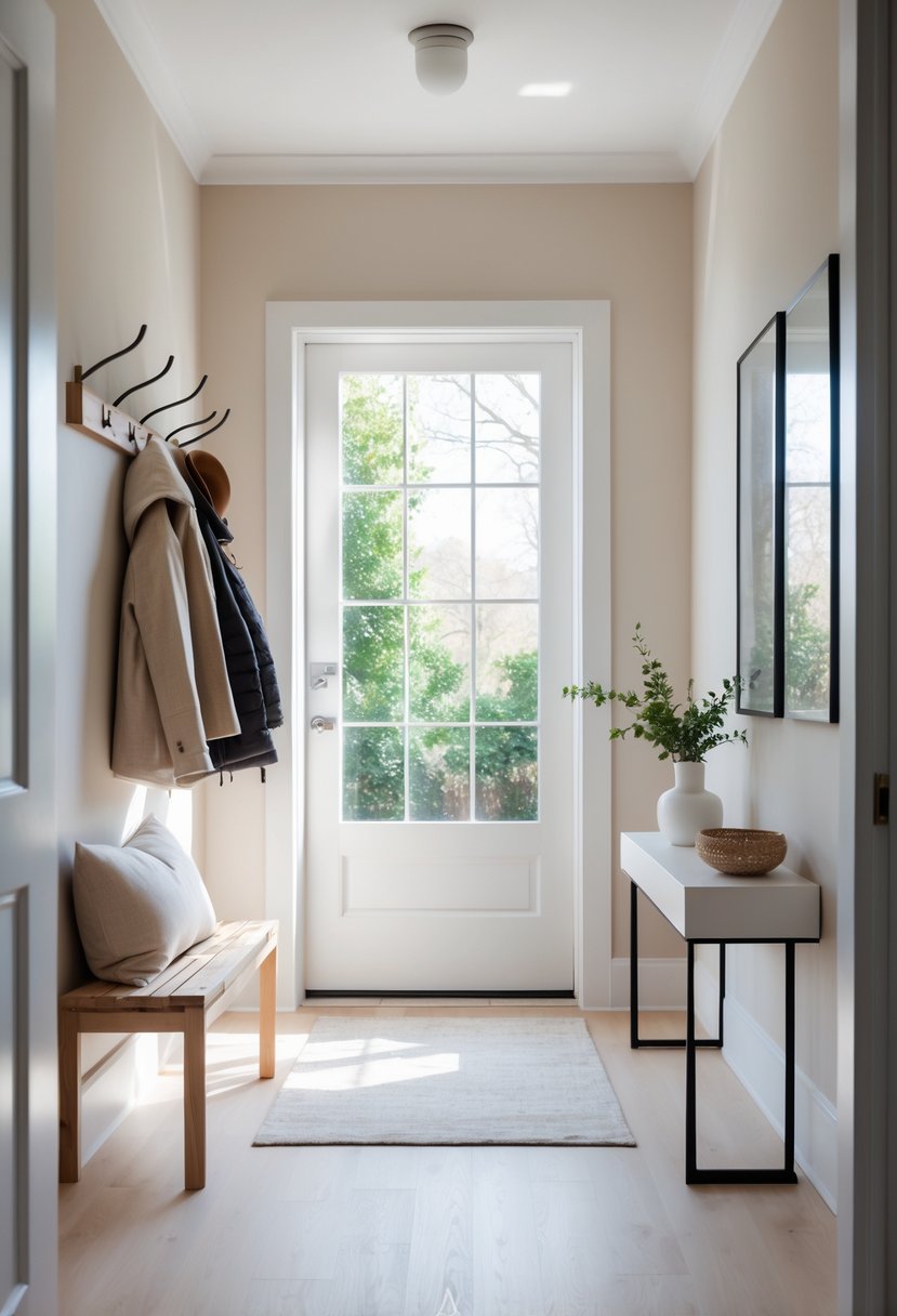 A small entryway with light-colored walls, a wooden bench with a cushion, a coat rack with jackets, a console table with a vase of greenery, and natural light coming through a window.